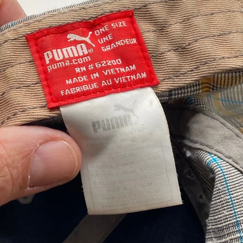 PUMA Plaid Adjustable Baseball Cap Hat Unisex Grey Yellow Blue 3D Logo Sport SEO